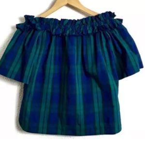 Vineyard Vines Blue and Green Plaid Off-Shoulder Top